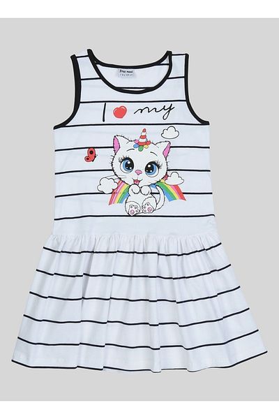 Freemood Girl's Cat Printed Striped Dress