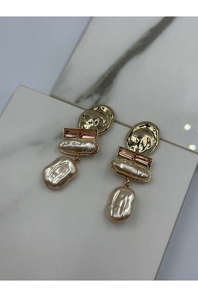 Lumiera Gold Dangle Steel Earrings with Salmon Color Pearls