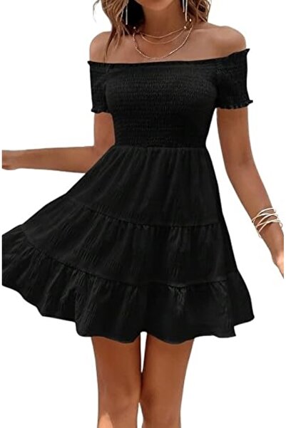 KaSheHa Siyah Karmen Yaka Göğüsü Gipeli Eteği Fırfırlı Kiloş Elbise 90 Cm