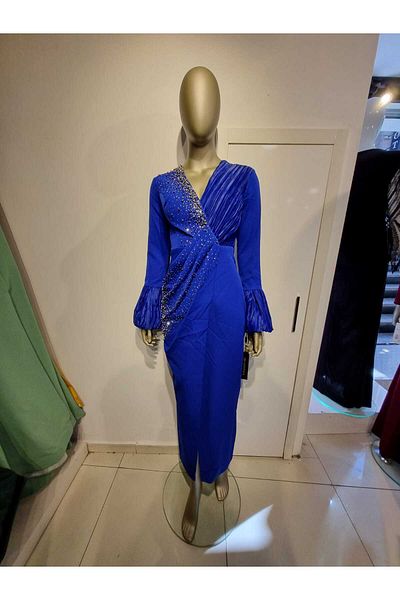 Robes Rochie de seară elegantă pentru femei, cu decolteu dublu, cu mâneci tip balon, cu pliuri și detalii cu piatră