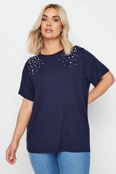 Stil Diva Plus Size Pearl EmBroidered Crew NecK T-shirt - Short Sleeve 321885