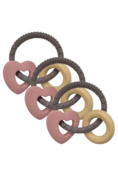 LUQU BABY Silicone + Wood Teether- Heart-Pack of 3