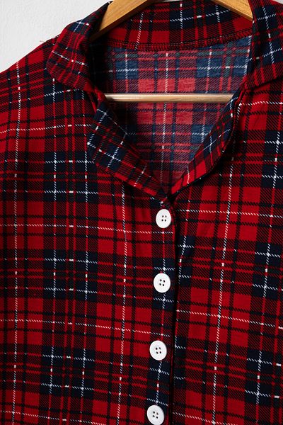 TİNY GOLDEN Unisex Children's Cotton Fabric Red Plaid Patterned Shirt Collar Buttoned Long Sleeve Pajama Set