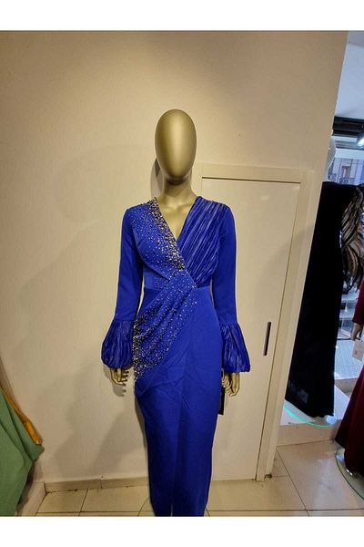 Robes Rochie de seară elegantă pentru femei, cu decolteu dublu, cu mâneci tip balon, cu pliuri și detalii cu piatră