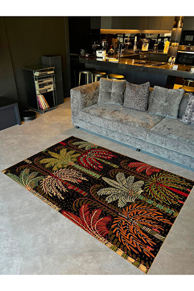 Rugs Modern Halı Tuğrul Koleksiyonu Koyu Ton Çok Renkli Palmiye Ağaçları Dese...