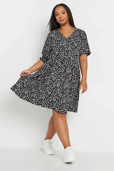 Stil Diva Κοντό φόρεμα με κουμπιά V-λαιμόκοψη - Plus Size, ελαστικά μανίκια 137950