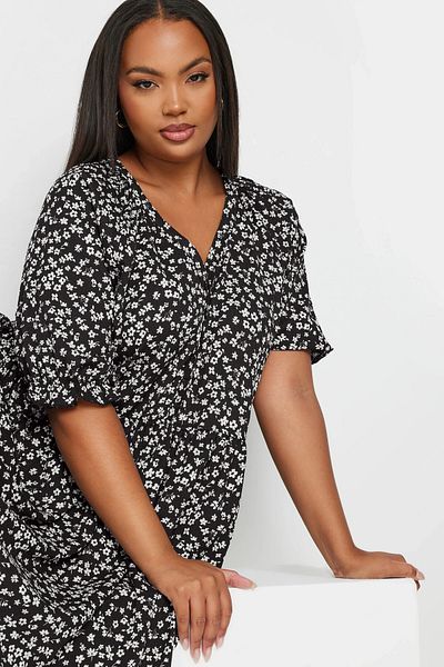 Stil Diva Κοντό φόρεμα με κουμπιά V-λαιμόκοψη - Plus Size, ελαστικά μανίκια 137950