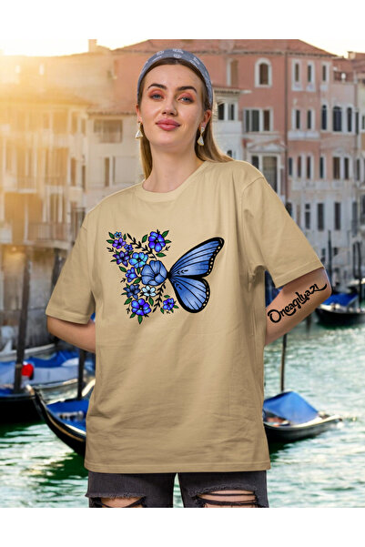 oneagılyazı تي شيرت نسائي كبير الحجم مطبوع بتصميم فراشة