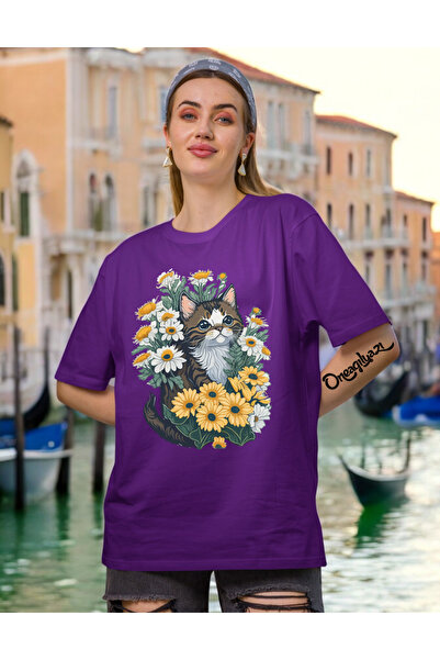 oneagılyazı Flower Cat Printed Women's Oversize T-Shirt