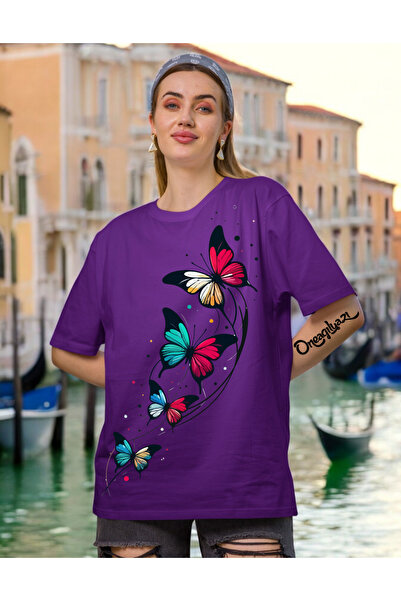 oneagılyazı Çoklu Kelebek Desenli Baskılı Kadın Oversize T-Shirt