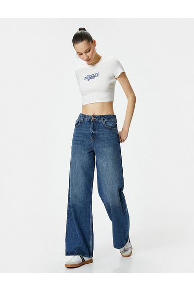 Koton Embroidered Crop T-Shirt Short Sleeve Crew Neck