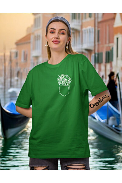 oneagılyazı تي شيرت نسائي كبير الحجم مطبوع عليه زهور الجيب