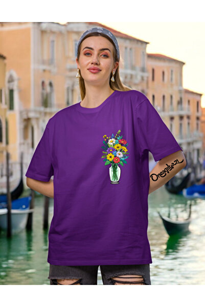 oneagılyazı Vase Detail Printed Women's Oversize T-Shirt