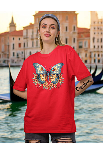 oneagılyazı تي شيرت نسائي كبير الحجم مطبوع عليه فراشة