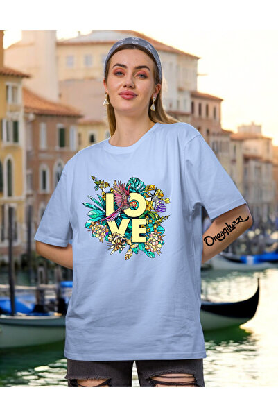 oneagılyazı تي شيرت نسائي كبير الحجم مطبوع عليه زهرة Lov
