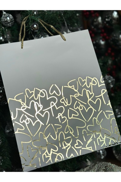 QUEEN AKSESUAR lüks büyük parlak yanar döner varaklı hediye paketi kalp süslü desenli ip askılı karton çanta poşet