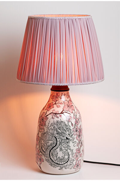 merve kaderliceramic studio Ejderha ve Sakura Desenli Seramik Abajur