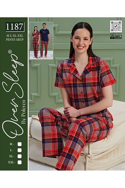 Over Sleep by Poleren Couple Suit Plaid Shirt Collar Short Sleeve Women's Pajamas Set