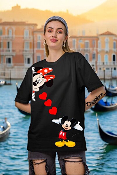 oneagılyazı Micky Mause Kalp Baskılı Kadın Oversize T-Shirt