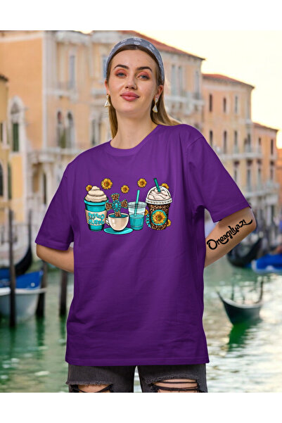 oneagılyazı Brown Floral Printed Women's Oversize T-Shirt