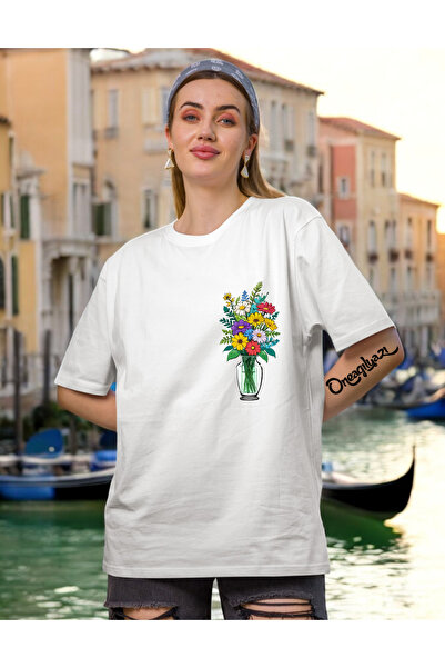 oneagılyazı Tricou oversize pentru femei cu imprimeu cu detaliu vază