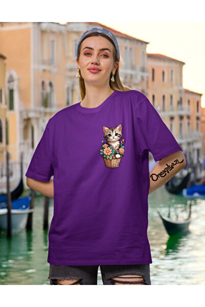 oneagılyazı Potted Cat Printed Women's Oversize T-Shirt