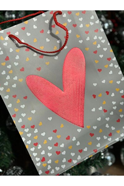 QUEEN AKSESUAR lüks büyük parlak varaklı hediye paketi kalp süslü desenli ip askılı karton çanta poşet gri