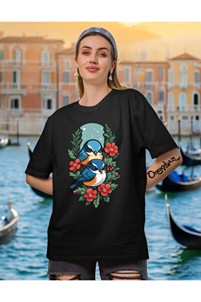 oneagılyazı Γυναικείο μπλουζάκι με στάμπα πουλιών σε μεγάλο μέγεθος