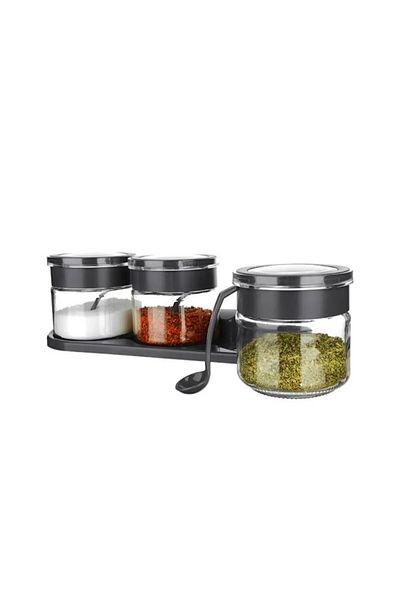 Leony 3 Pieces of Spice Set with Vacuum Lid and Spoon 3X300 ml with Stand