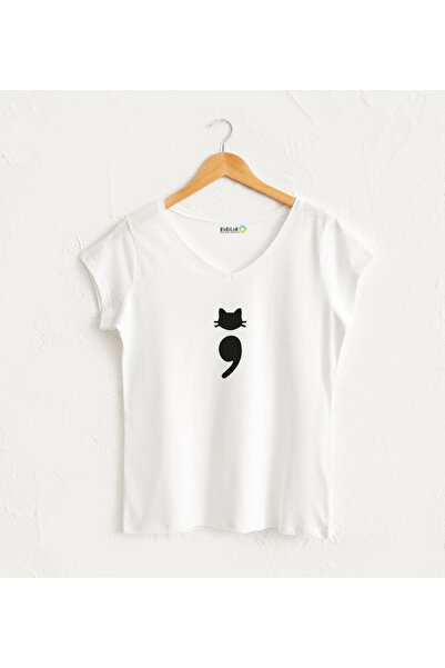 Kidilia Noktalı Virgül Siyah Kedi Tasarım T-Shirt