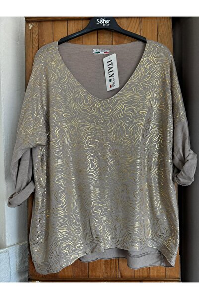 Butik Ayseba Kadın İtalyan Varaklı Parlak Uzun Kollu V Yaka Bluz