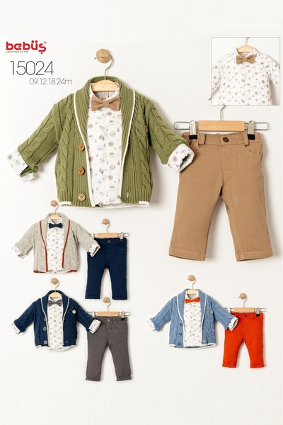 Bebüş Knitted Navy Blue Cardigan Bow Tie Animal Print Shirt Smoked Pants 3 Piece Baby Boy Suit 15024