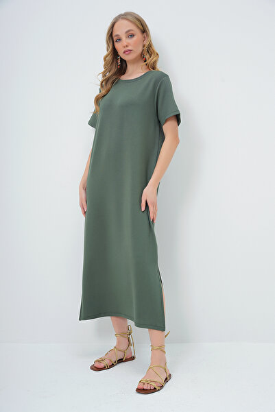 Trend Alaçatı Stili Γυναικείο πλεκτό φόρεμα με κοντό μανίκι με λαιμόκοψη χακί ALC-X13571