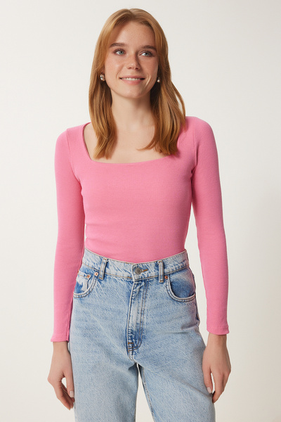 Happiness İstanbul Γυναικεία Πλεκτή Μπλούζα με Ροζ Τετράγωνο Γιακά με Ριμπ GT00052