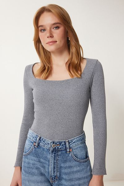 Happiness İstanbul Women's Gray Square Neck Corded Knitted Blouse GT00052