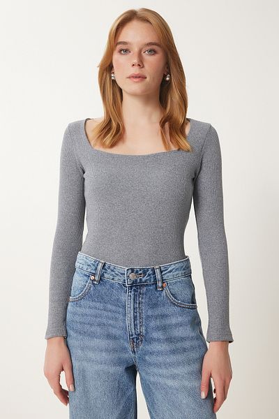 Happiness İstanbul Women's Gray Square Neck Corded Knitted Blouse GT00052