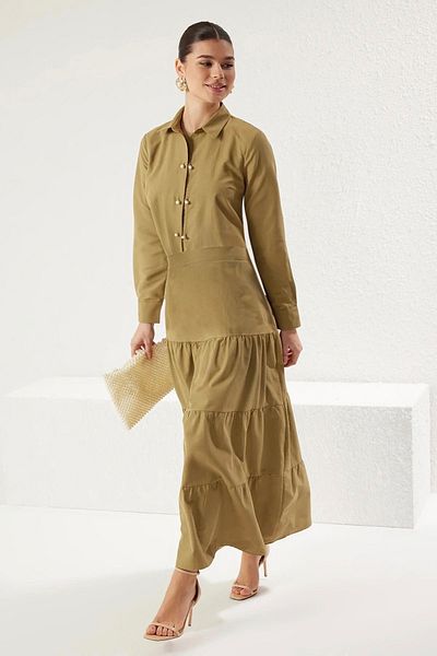 Trendyol Modest Khaki Button Detailed Cotton Shirt Skirt Woven Bottom-Top Suit Tctss25Us00019