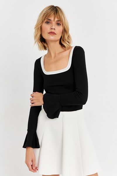 Cool & Sexy Women's Black Contrast Neck Spanish Sleeve Blouse Alb3105
