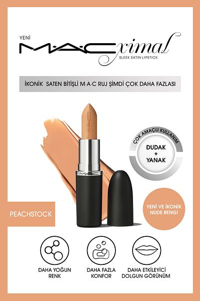 M.A.C Macximal Sleek Satin Lipstick Iconic Satin Finish Lipstick-Peachstock 3.5Gm