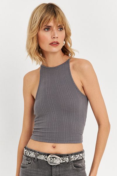 Cool & Sexy Γκρι αμάνικη Crop γυναικεία μπλούζα - TF63