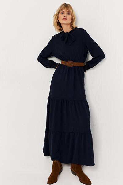 Cool & Modest Синя максі сукня для жінок - з зав'язкою на шиї MASF217