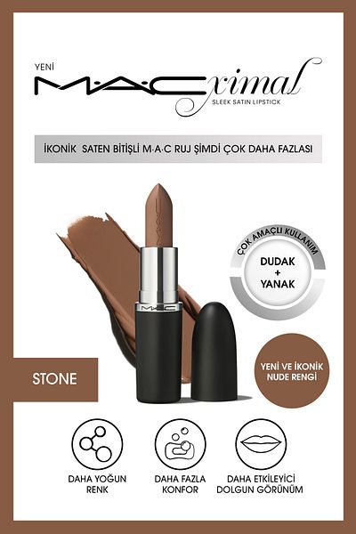 M.A.C Macximal Sleek Satin Lipstick Iconic Satin Finish Lipstick-Stone 3.5Gm