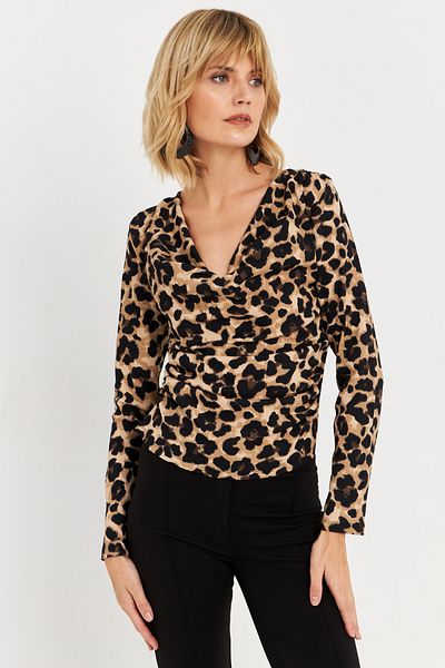Cool & Sexy Γυναικεία μπλούζα με στάμπα Degaje Leopard - Camel-Black, μαζεμένες πλευρές, FRY2272