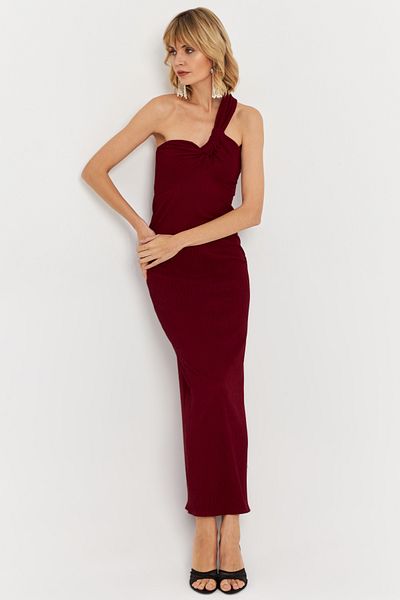Cool & Sexy Rochie maxi de damă bordeaux cu guler asimetric NH25455