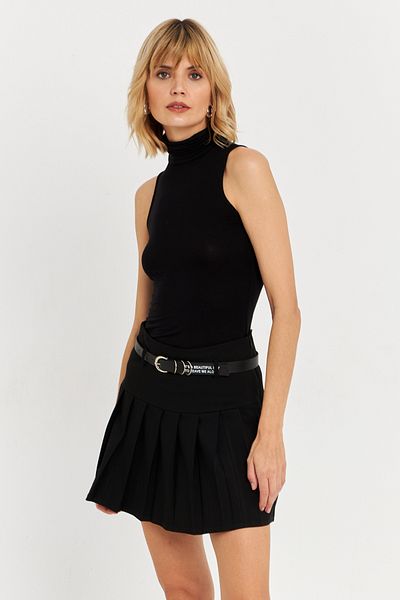 Cool & Sexy Fusta neagră mini plisată pentru femei cu curea - ELA6024