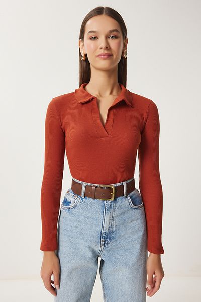 Happiness İstanbul Dunkelblaue 2-teilige, gerippte Strickbluse mit Polokragen für Damen GT00232