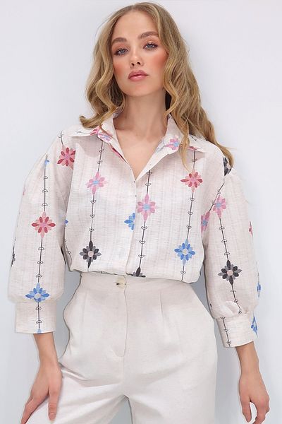 Trend Alaçatı Stili Beige-lila Prinzessin-Blumenmuster-Flam-Leinen-Webhemd für Damen ALC-X10398