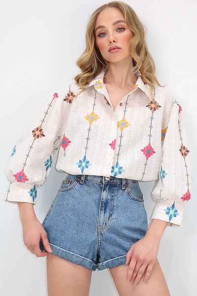 Trend Alaçatı Stili Beige-blaues Damen-Hemd mit Prinzessinnen-Blumenmuster, ausgestelltes Leinen-Webhemd ALC-X10398