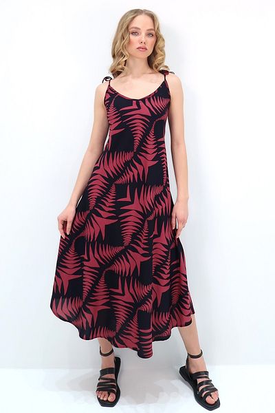 Trend Alaçatı Stili Women's Black Burgundy Rope Strap Print Woven Summer Dress Alc-X13652