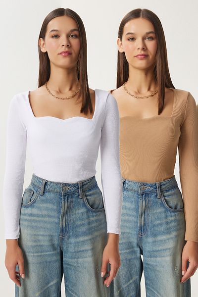 Happiness İstanbul Weiße biskuitfarbene 2-teilige Netzbluse mit herzförmigem Ausschnitt für Damen GT00231